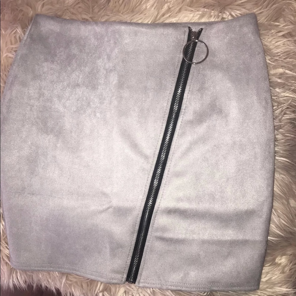 Grey Faux Suede Zip Up Mini Skirt